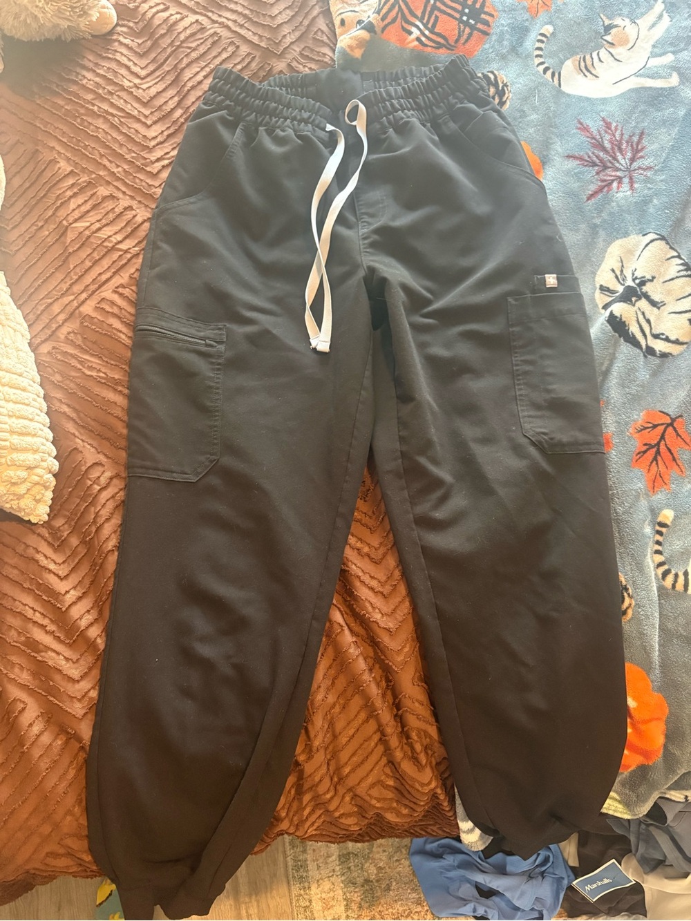 Figs Black Cargo Jogger Pants with White Drawstring